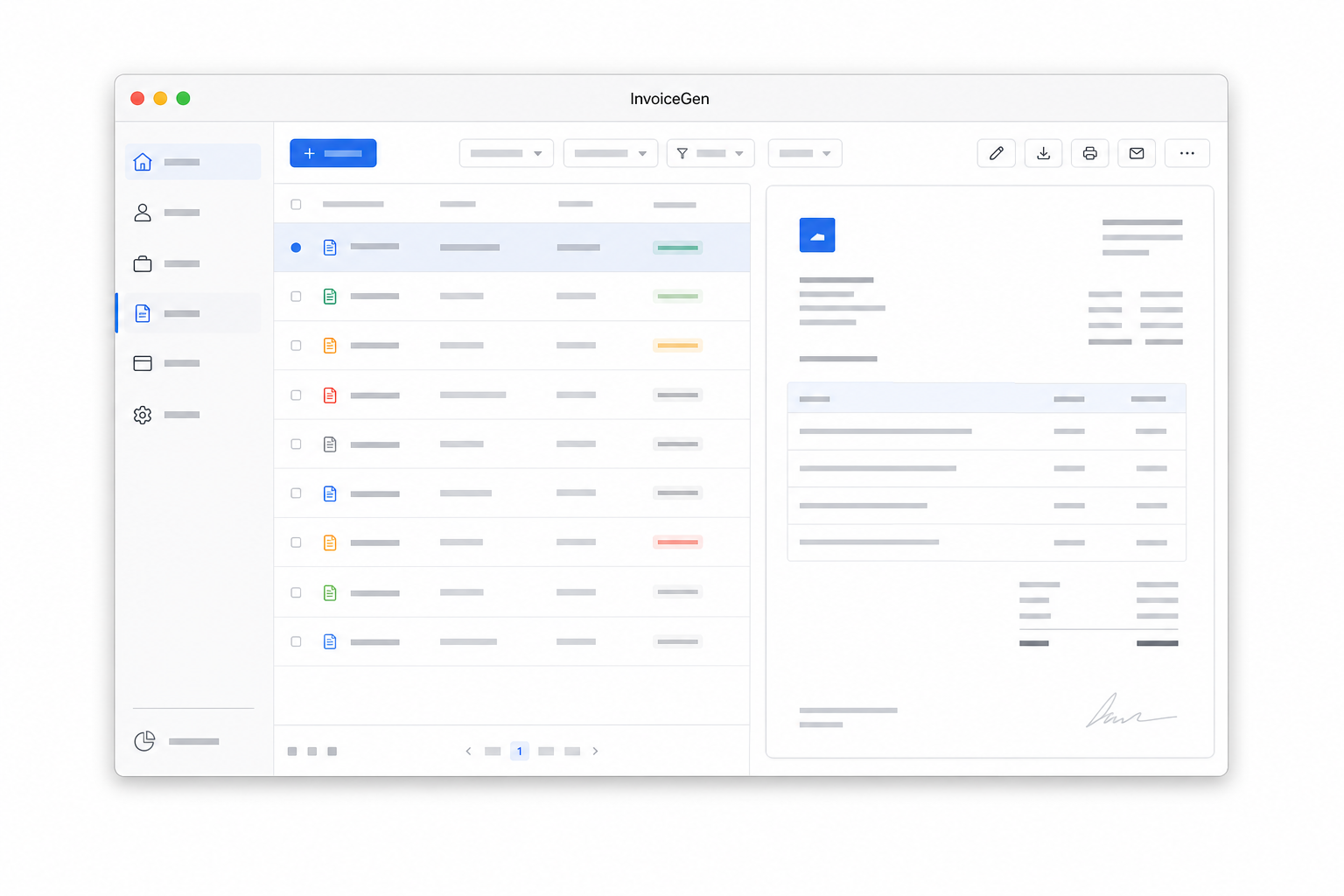 InvoiceGen macOS app window showing invoice lists, client revenue charts, and native sidebar tabs